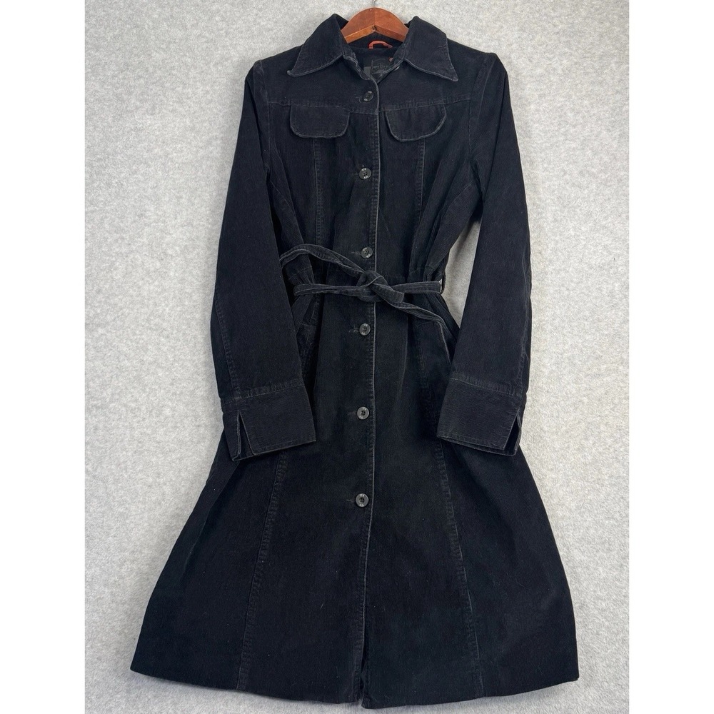 Stradivarius Black Corduroy Trench Coat Belted Goth Academia L VTG Button Up - Picture 1 of 16